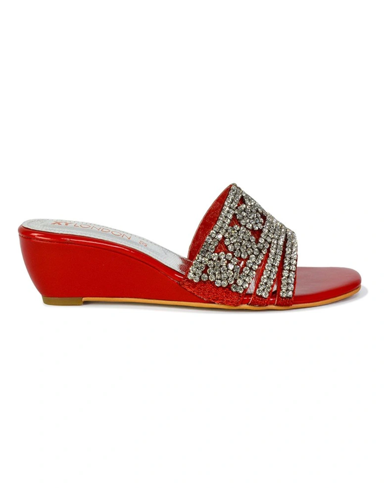 'Olive' Square Toe Embellished Diamante Wedge Heel Sandal