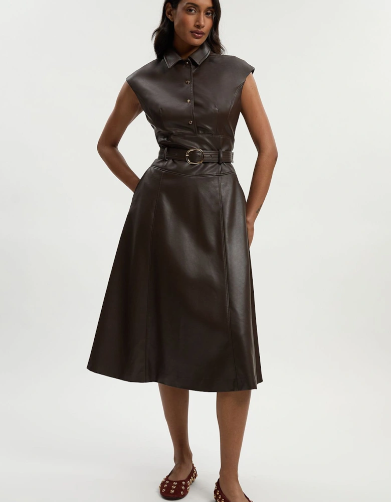 Faux Leather Belted Midi Dress