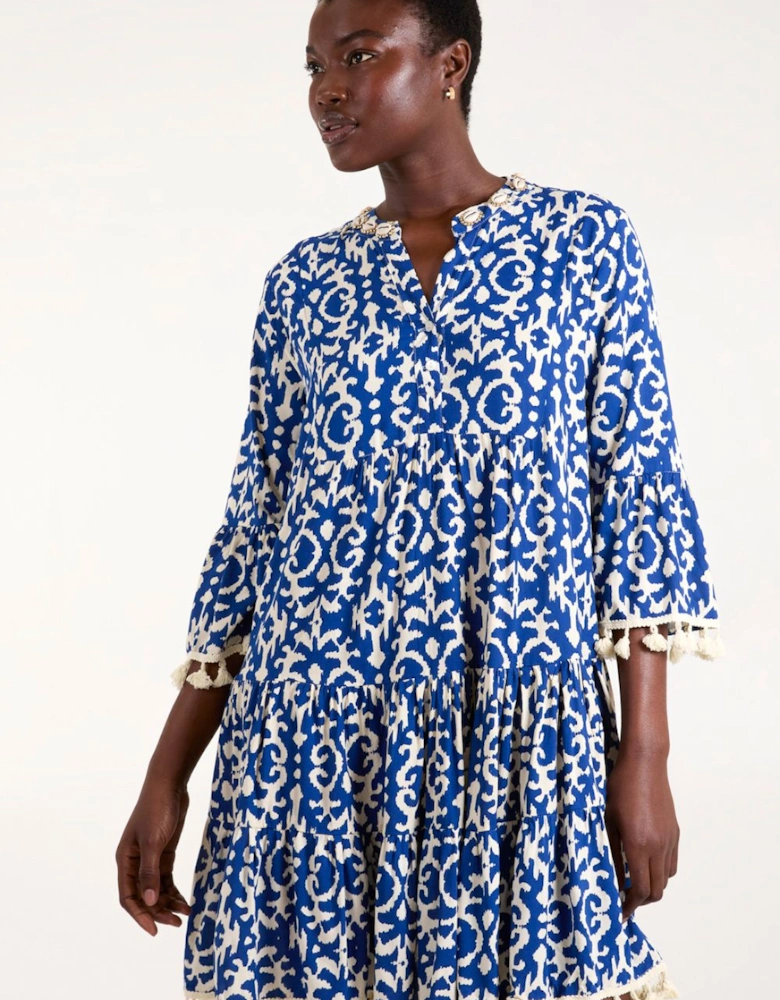Tassel & Shell Neck Smock Dress