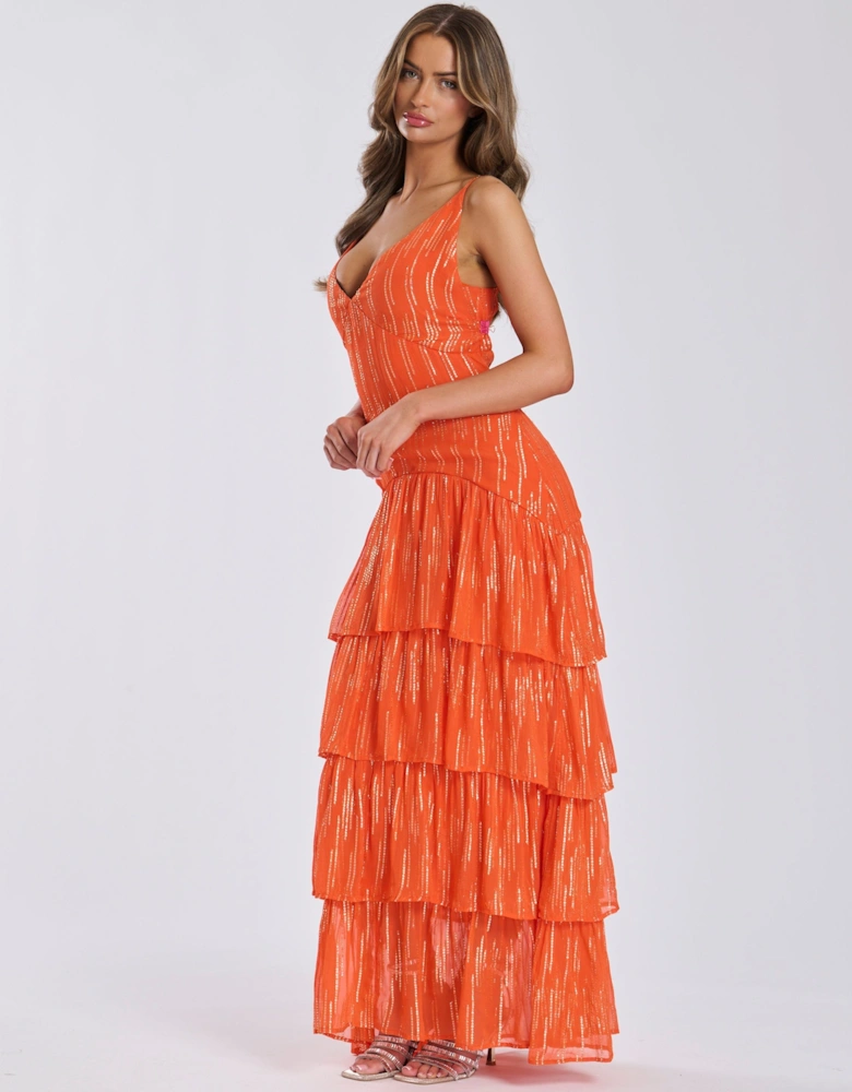 Metallic Ruffle Strappy Shoulder Maxi Dress