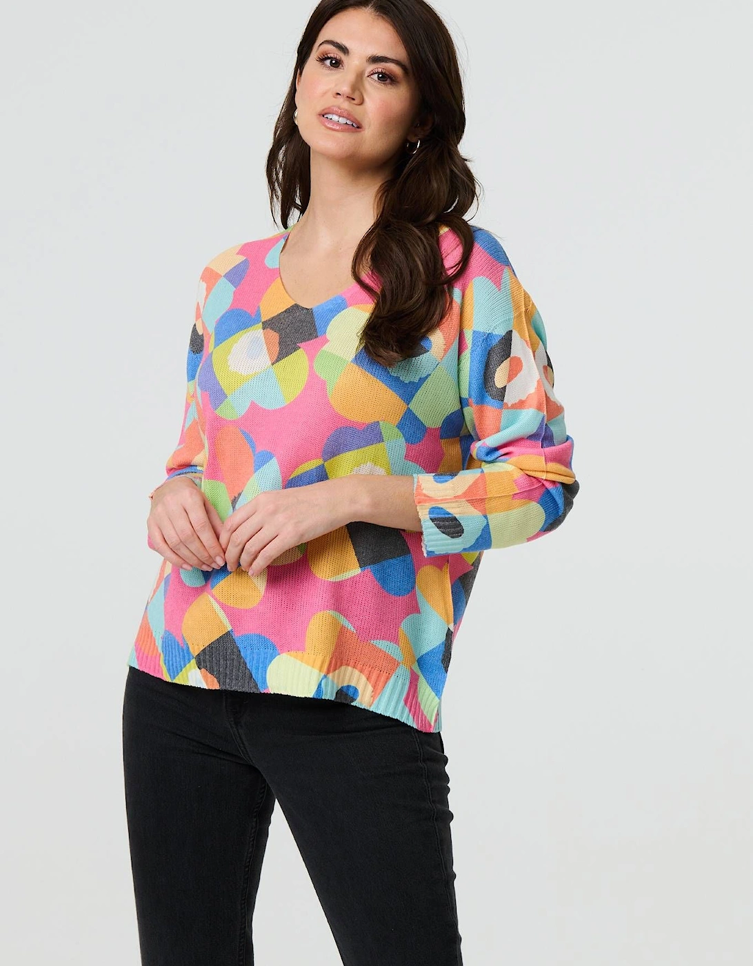 Abstract V-Neck Long Sleeve Knit Top, 2 of 1