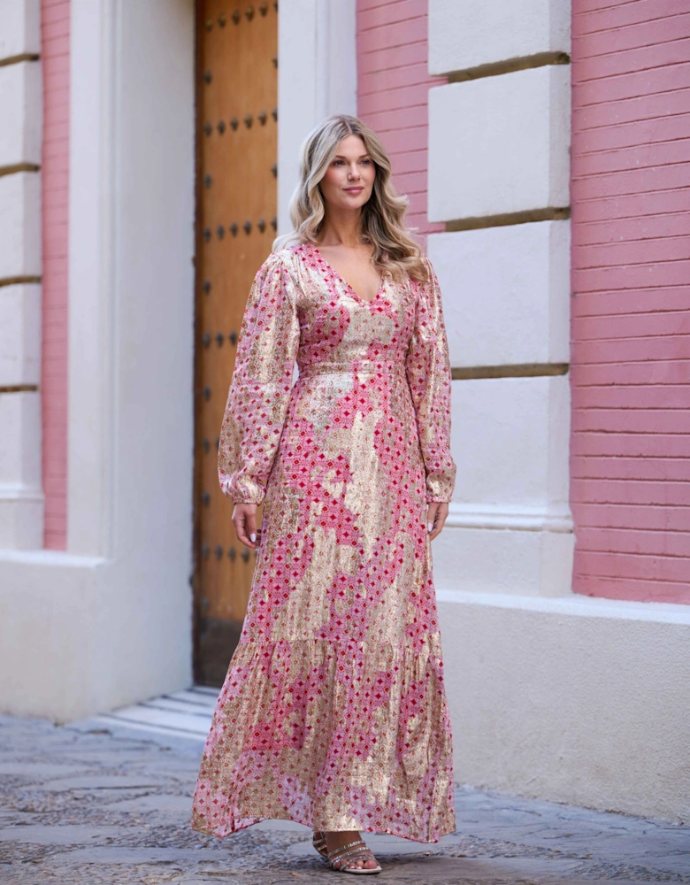 Metallic Printed Balloon Sleeve Maxi Dress