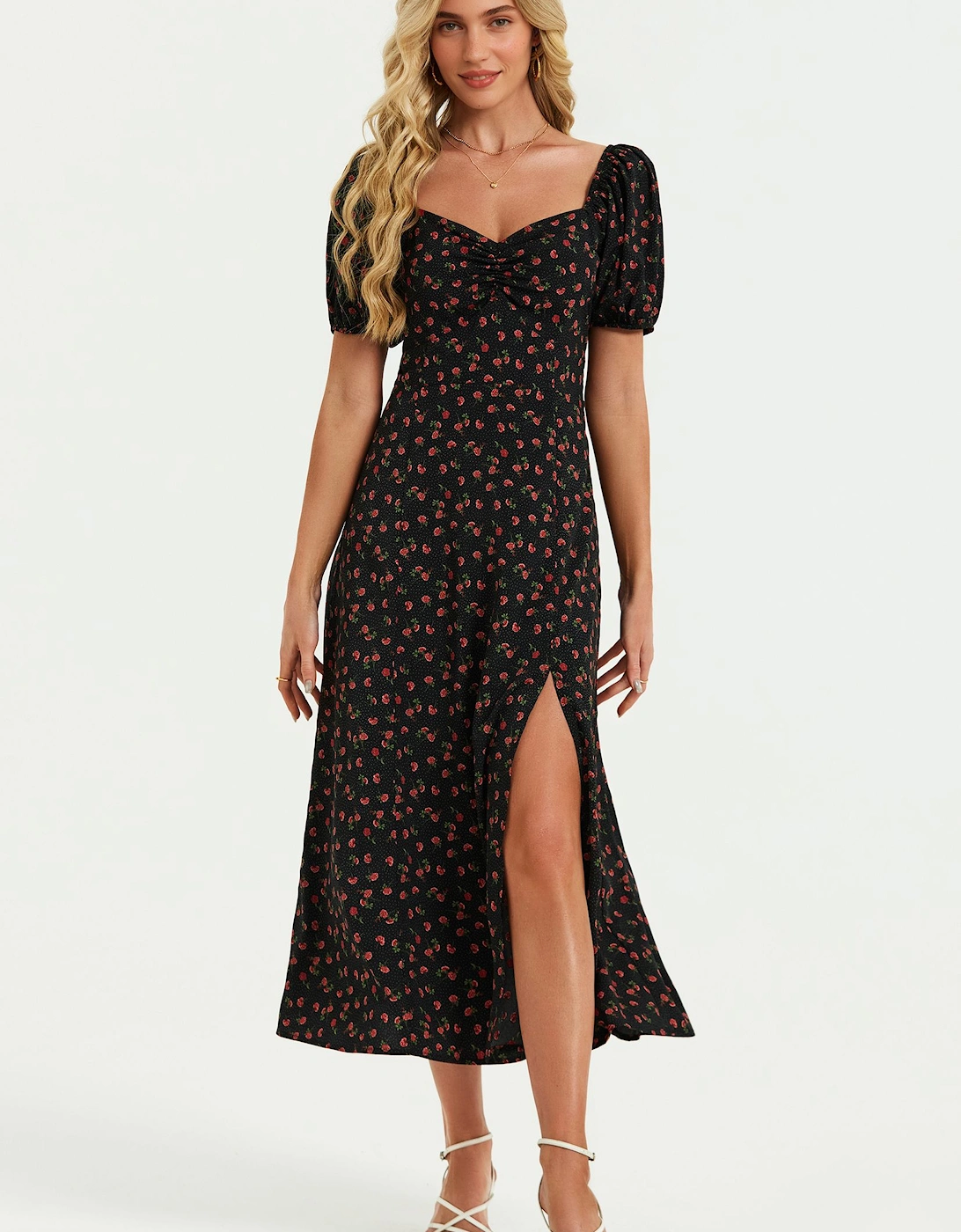 Puff Sleeve Heart Neckline Midi Dress In Black, 2 of 1