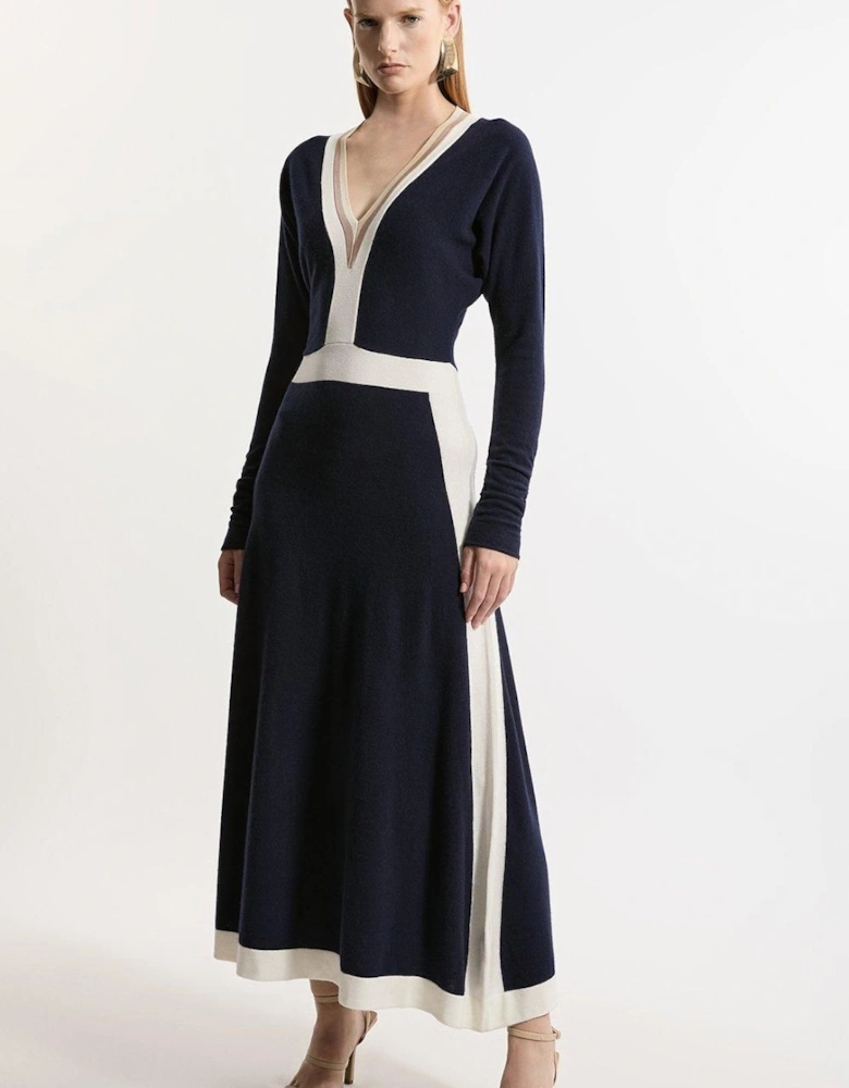 Wool Blend With Cashmere V Neck Colour Block Dress