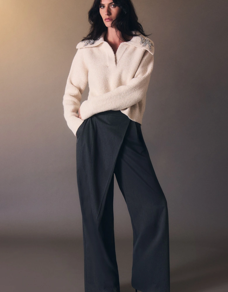 Embellished Cosy V Neck Collar Knit Jumper