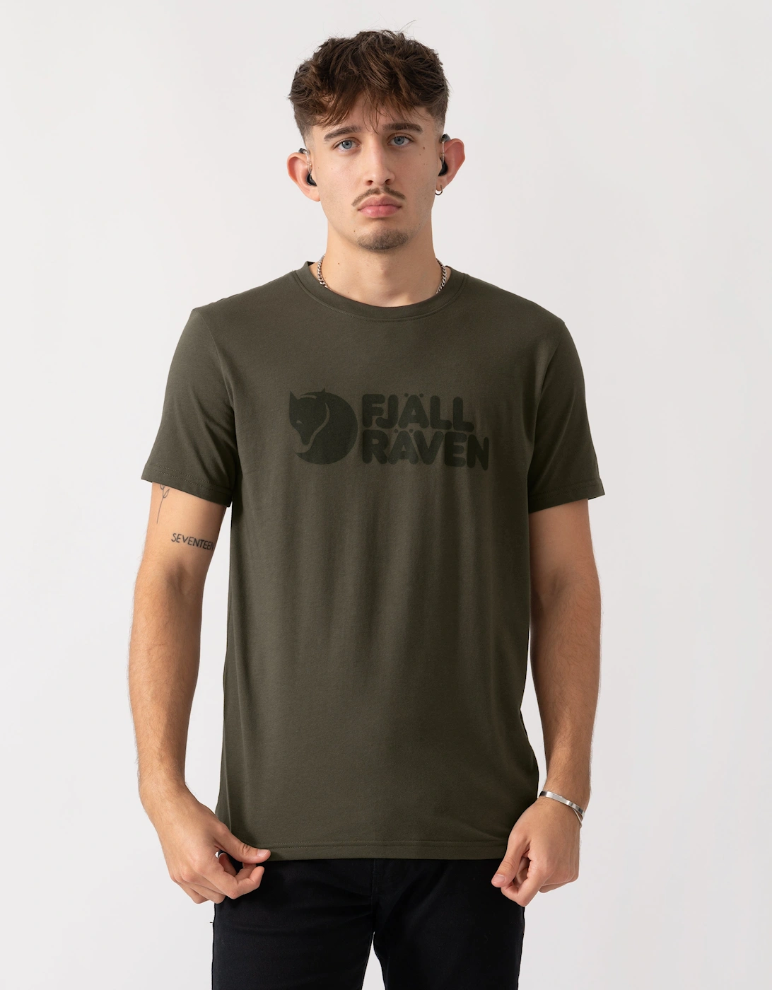Fjallraven Men's Tan Logo T-Shirt - Dark Olive 633 - Size: 38