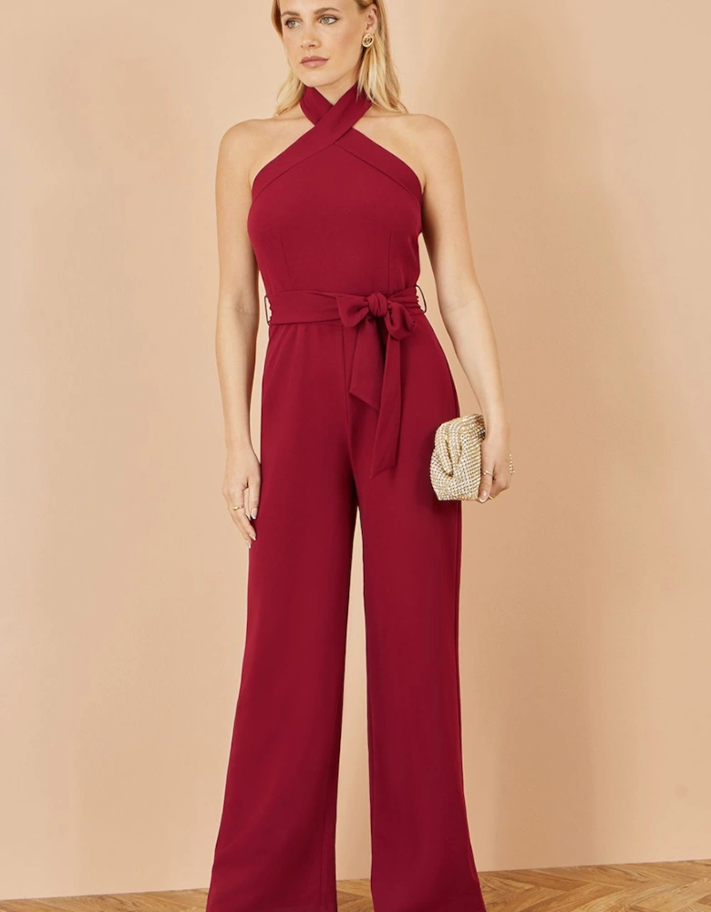 Burgundy Cross Over Halter Neck Jumpsuit