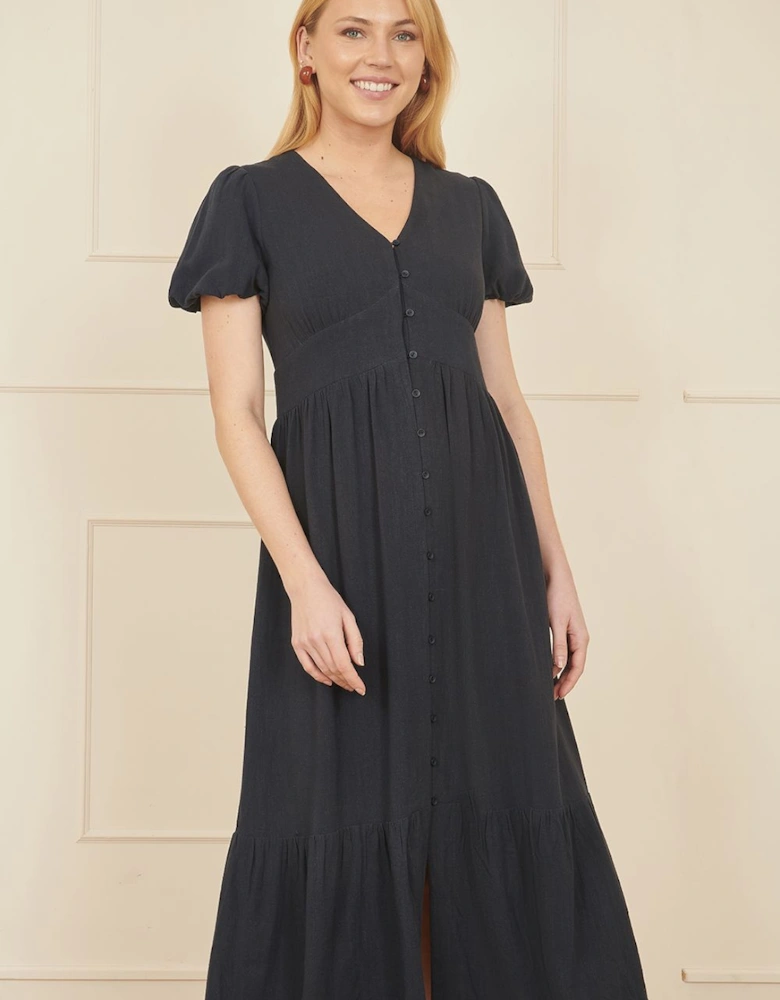 Navy Viscose Button Through Midi Dress