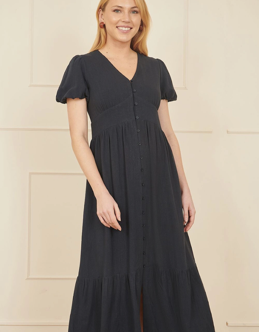Navy Viscose Button Through Midi Dress, 2 of 1