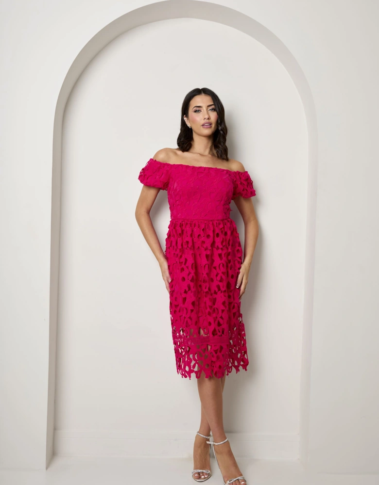 Bardot Premium Lace Fit and Flare Midi Dress in Hot Pink