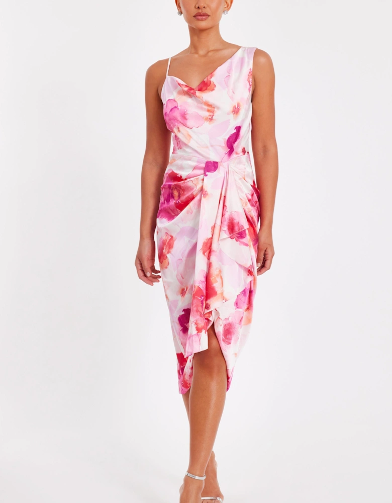 Pale Pink Floral Print Midi Dress