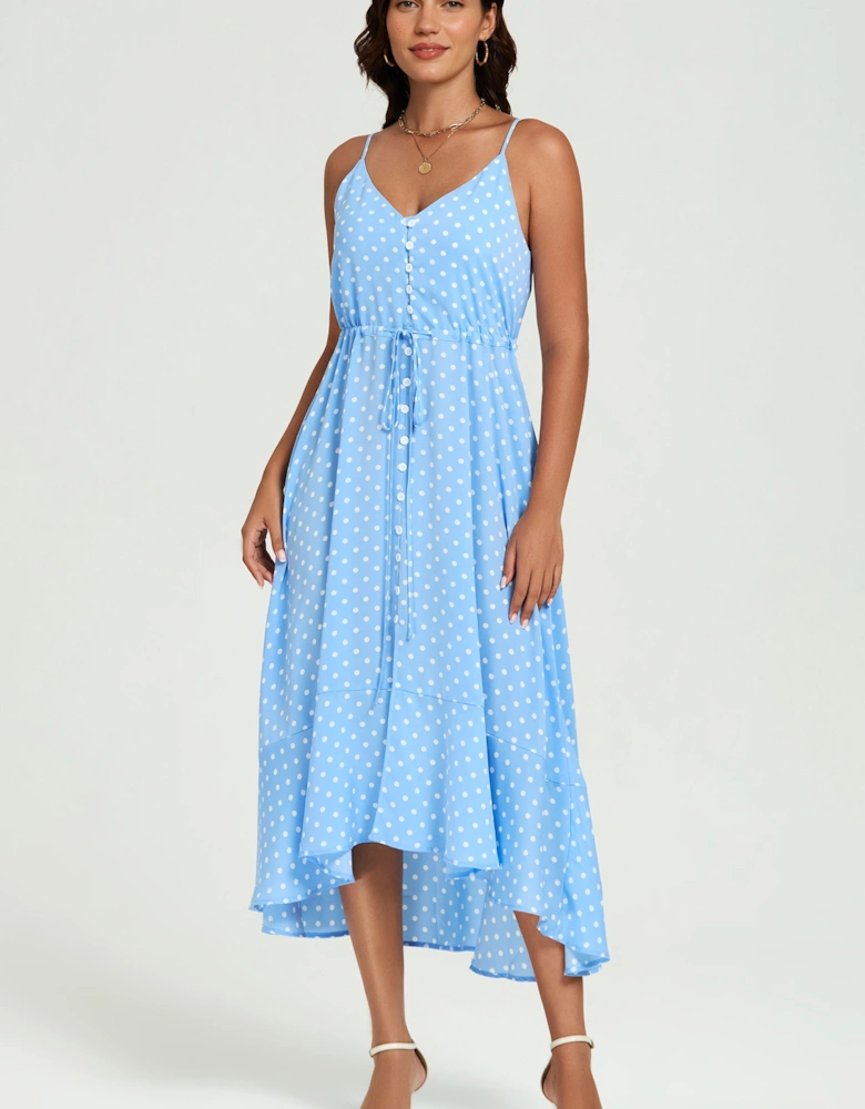 Dot Print Button Down High Low Strappy Dress In Light Blue