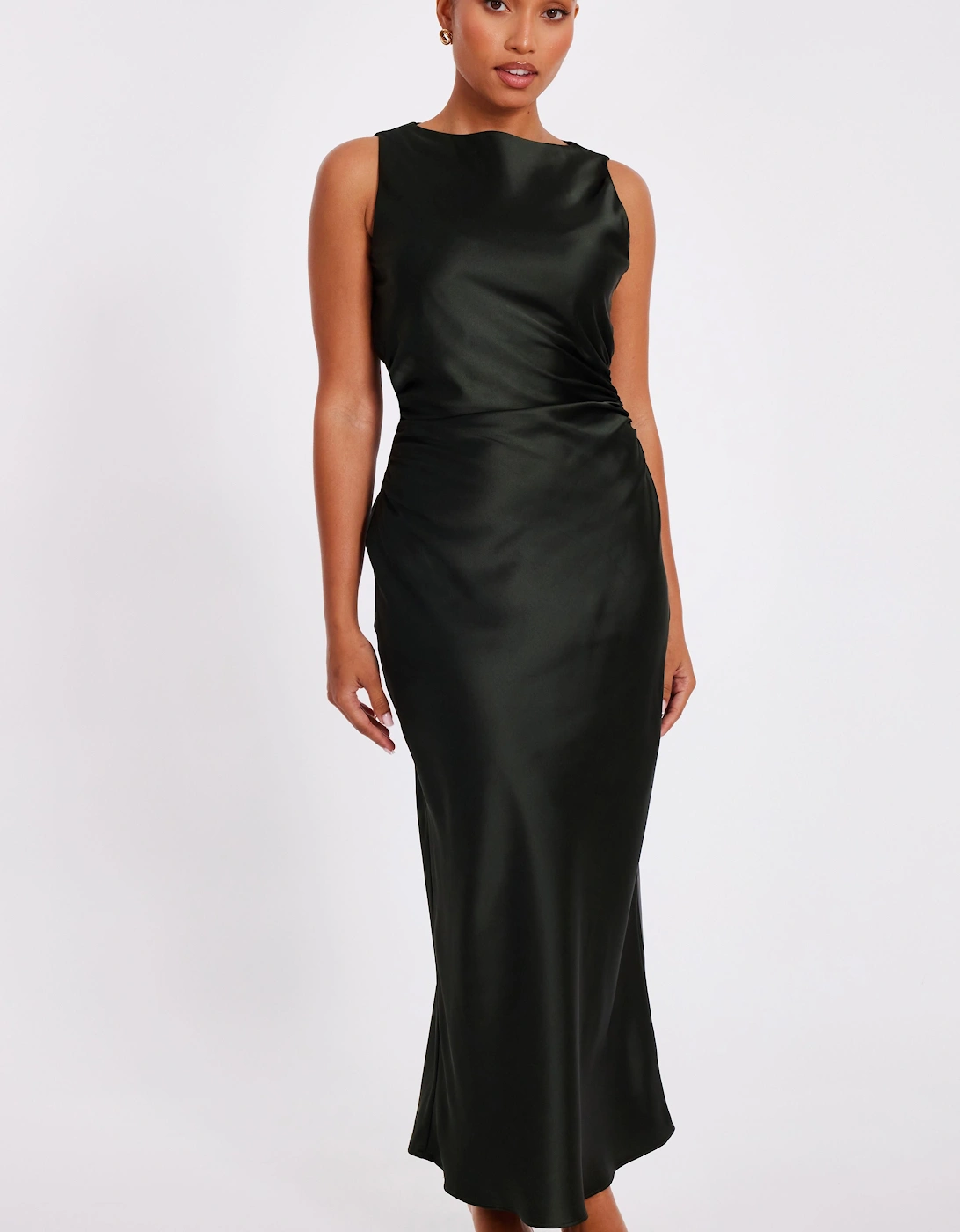 Green Petite Satin Ruched Midaxi Dress, 2 of 1