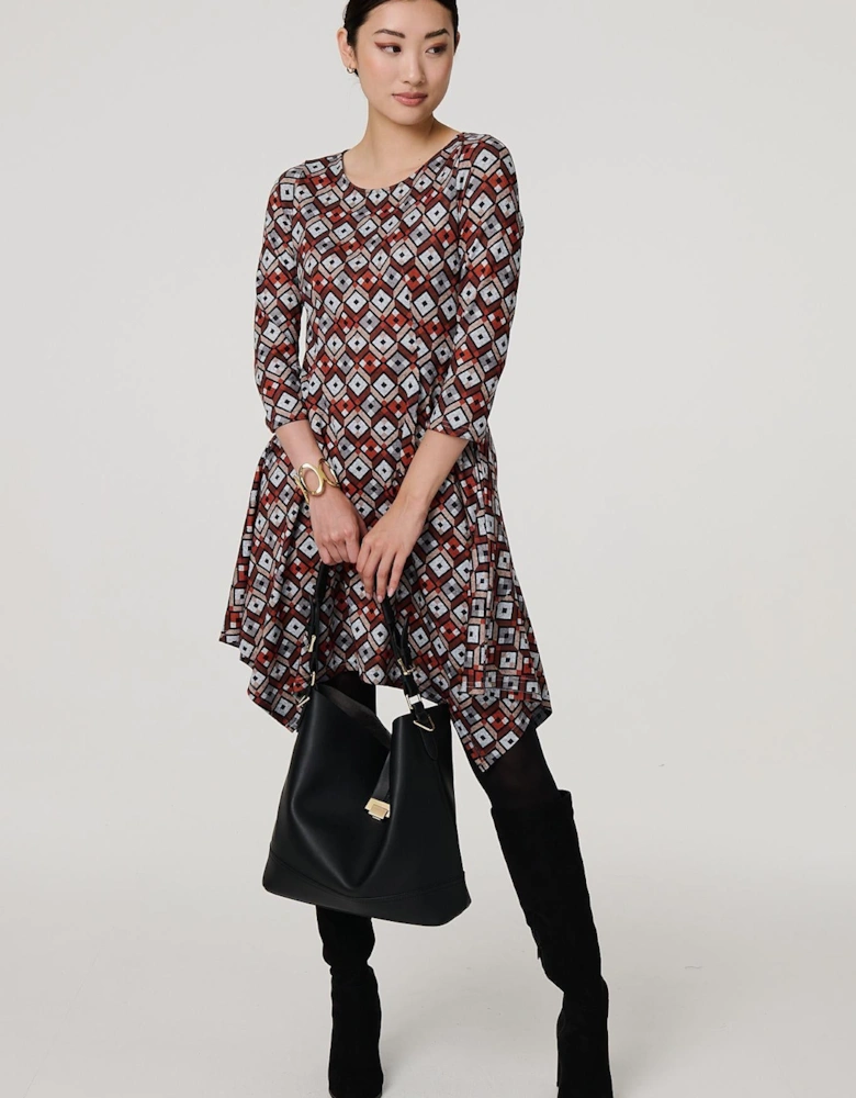 Geo Print Hanky Hem 3/4 Sleeve Midi Dress
