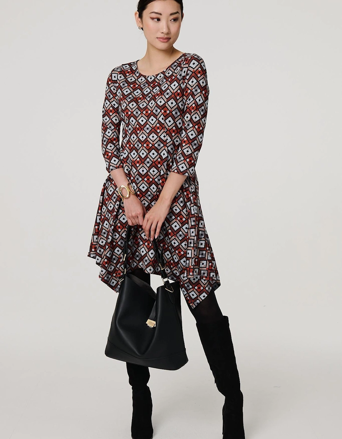 Geo Print Hanky Hem 3/4 Sleeve Midi Dress, 2 of 1