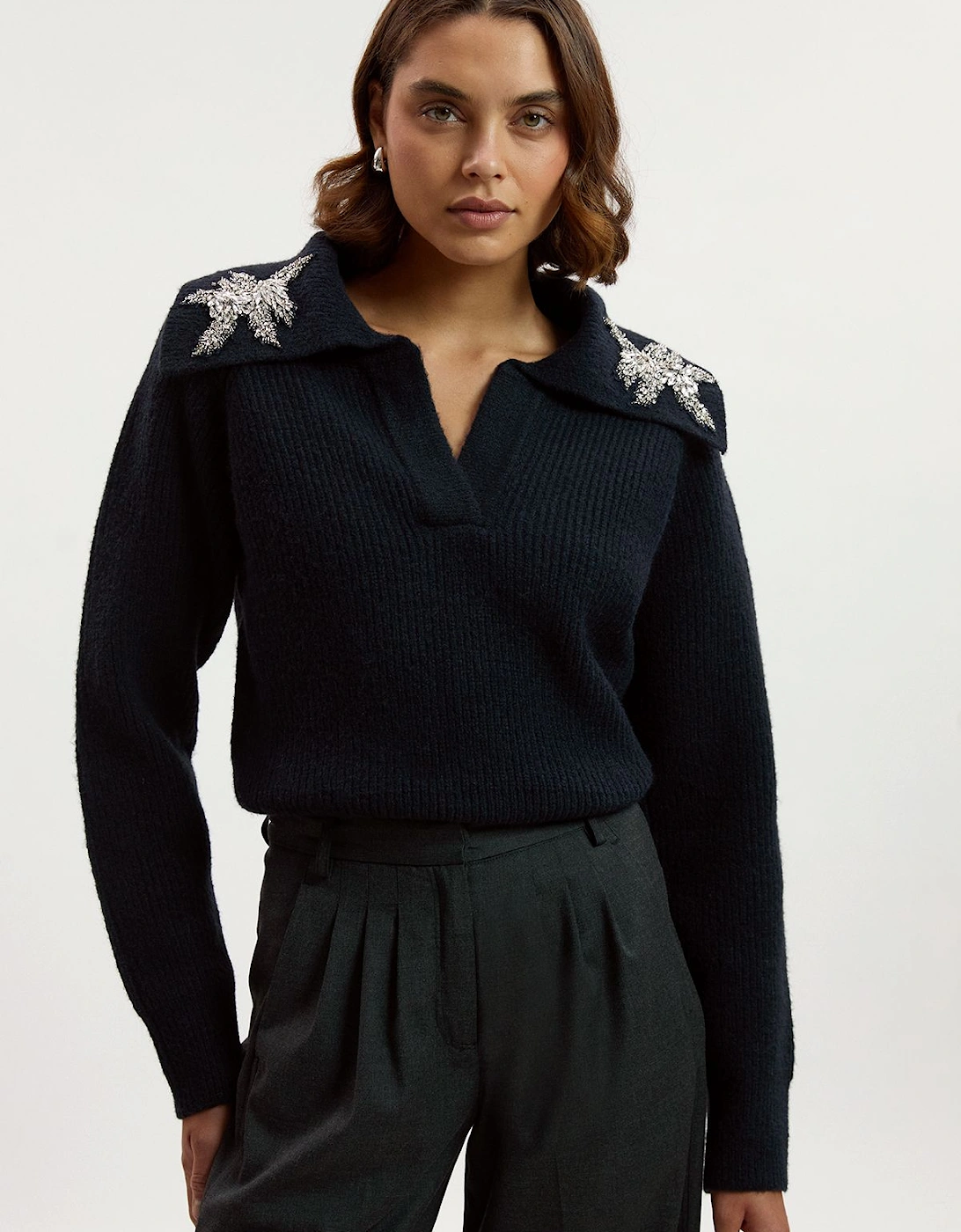 Embellished Cosy V Neck Collar Knit Jumper, 2 of 1