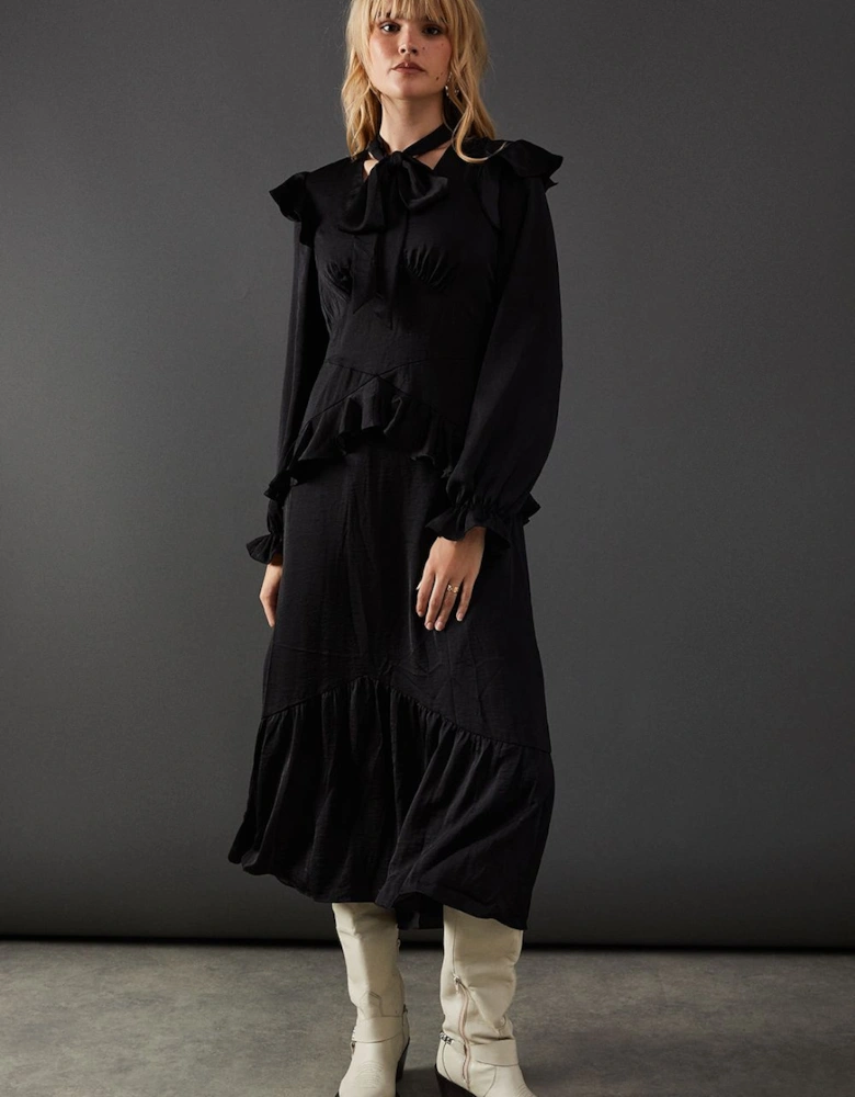 Satin Tie Neck Ruffle Midi Dress