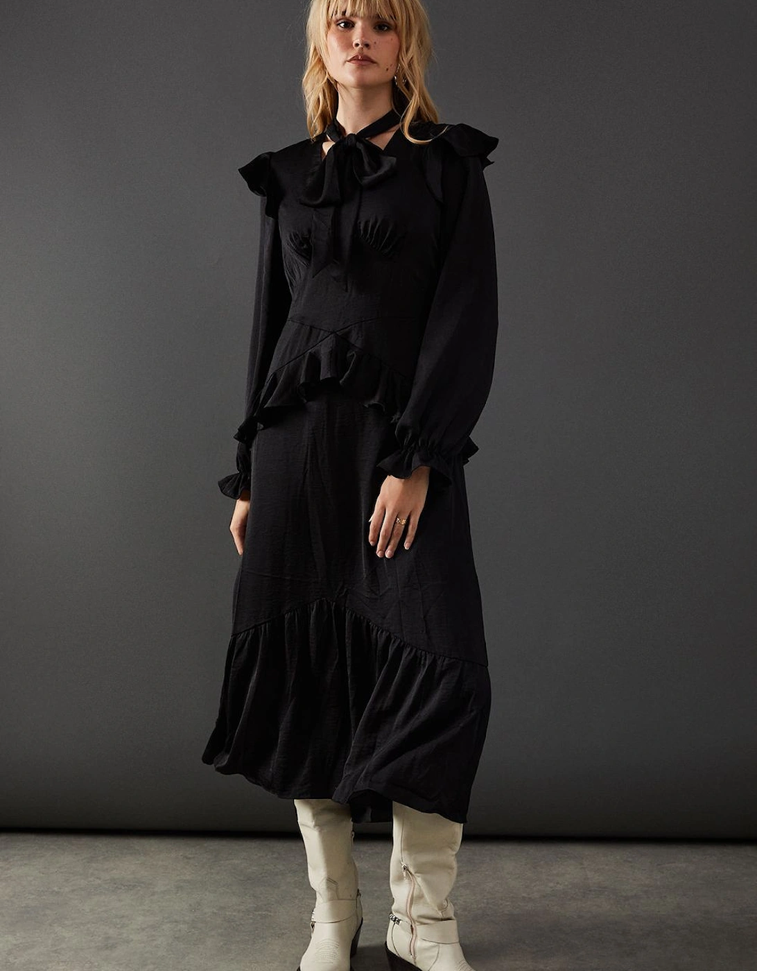 Satin Tie Neck Ruffle Midi Dress, 2 of 1