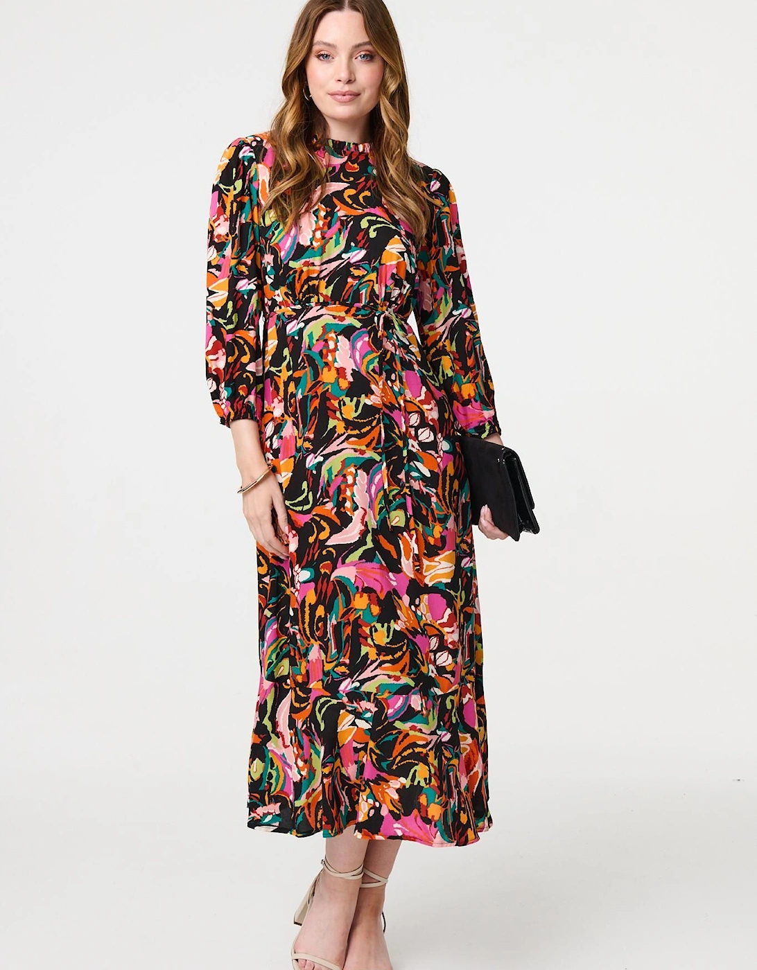 Printed High Neck Long Sleeve Midi Dress, 2 of 1