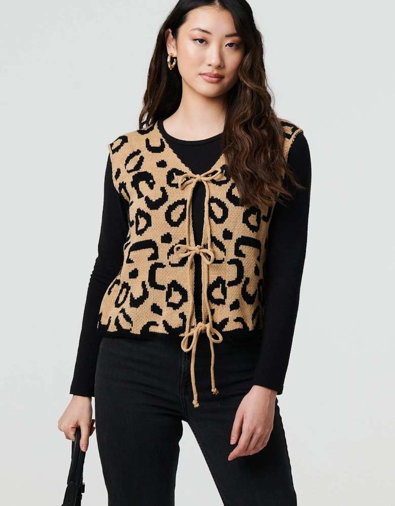 Animal Print Tie Front Sleeveless Vest