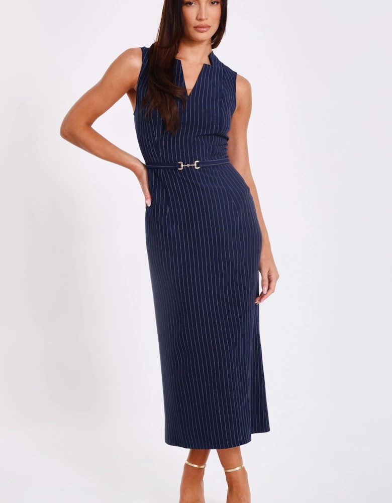 Navy Pinstripe Midi Dress