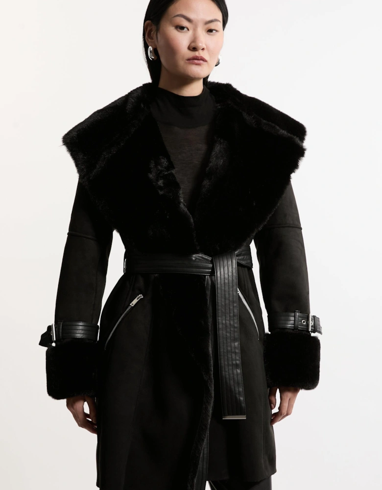 Faux Shearling Collar & Cuff Belted Short Coat