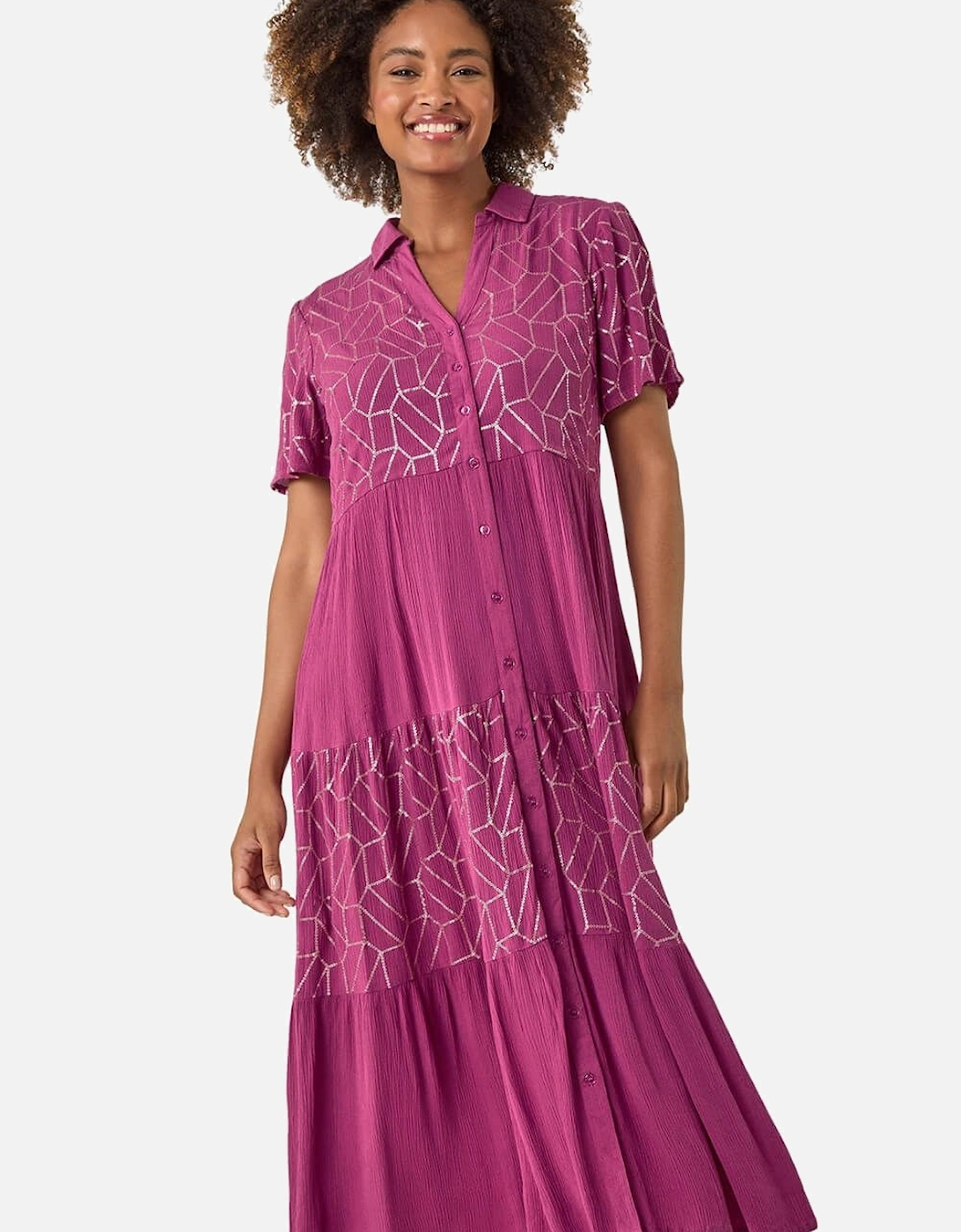 Foil Print V-Neck Button Midi Dress, 2 of 1