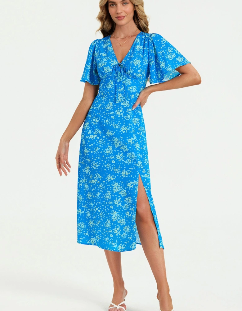 Green Floral Print Angel Sleeve Midi Dress In Blue