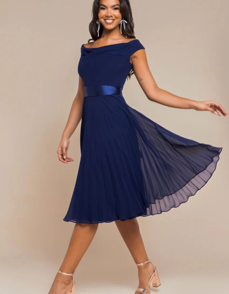 Cowl Neck Pleated A Line Chiffon Midi Dress