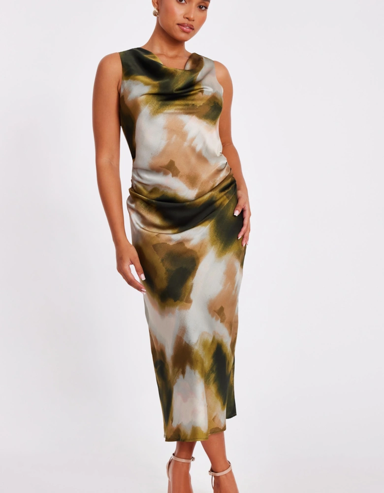 Khaki Petite Satin Printed Midaxi Dress