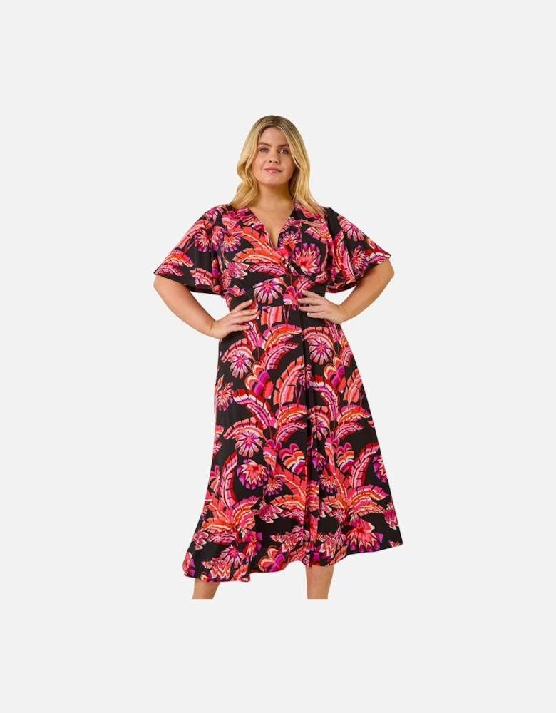 Curve Leaf Print Wrap Midi Dress
