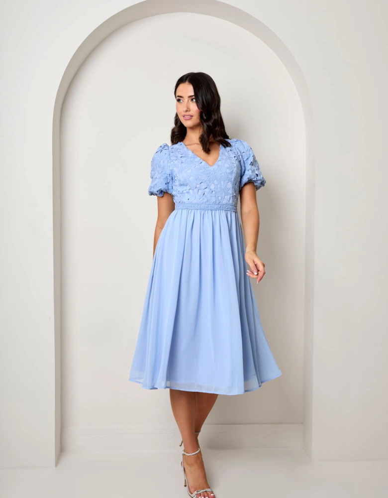 Puff Sleeve Premium Lace Midi Dress in Blue