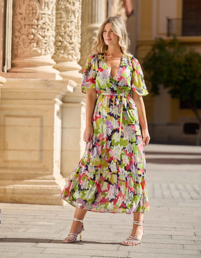 Metallic Printed Maxi Wrap Dress