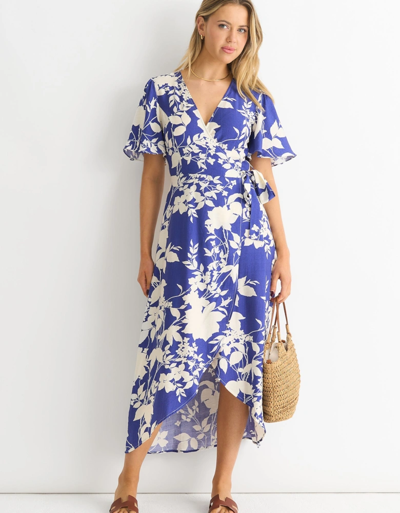 Blue Viscose Floral Wrap Midi Dress