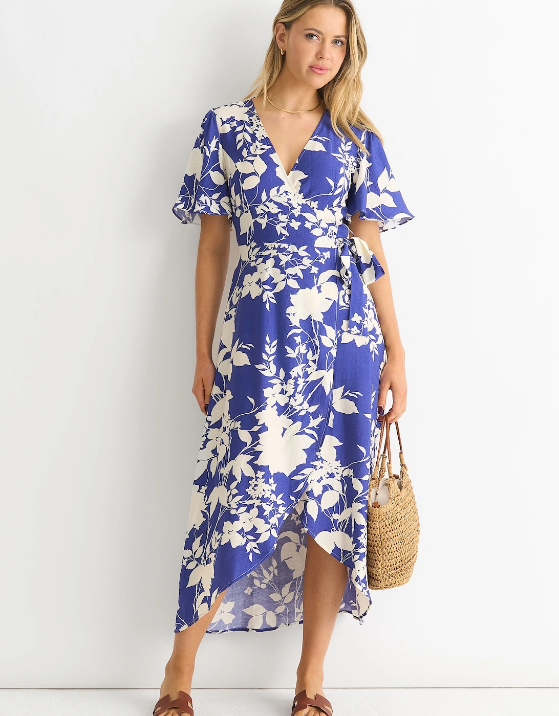 Blue Viscose Floral Wrap Midi Dress, 2 of 1