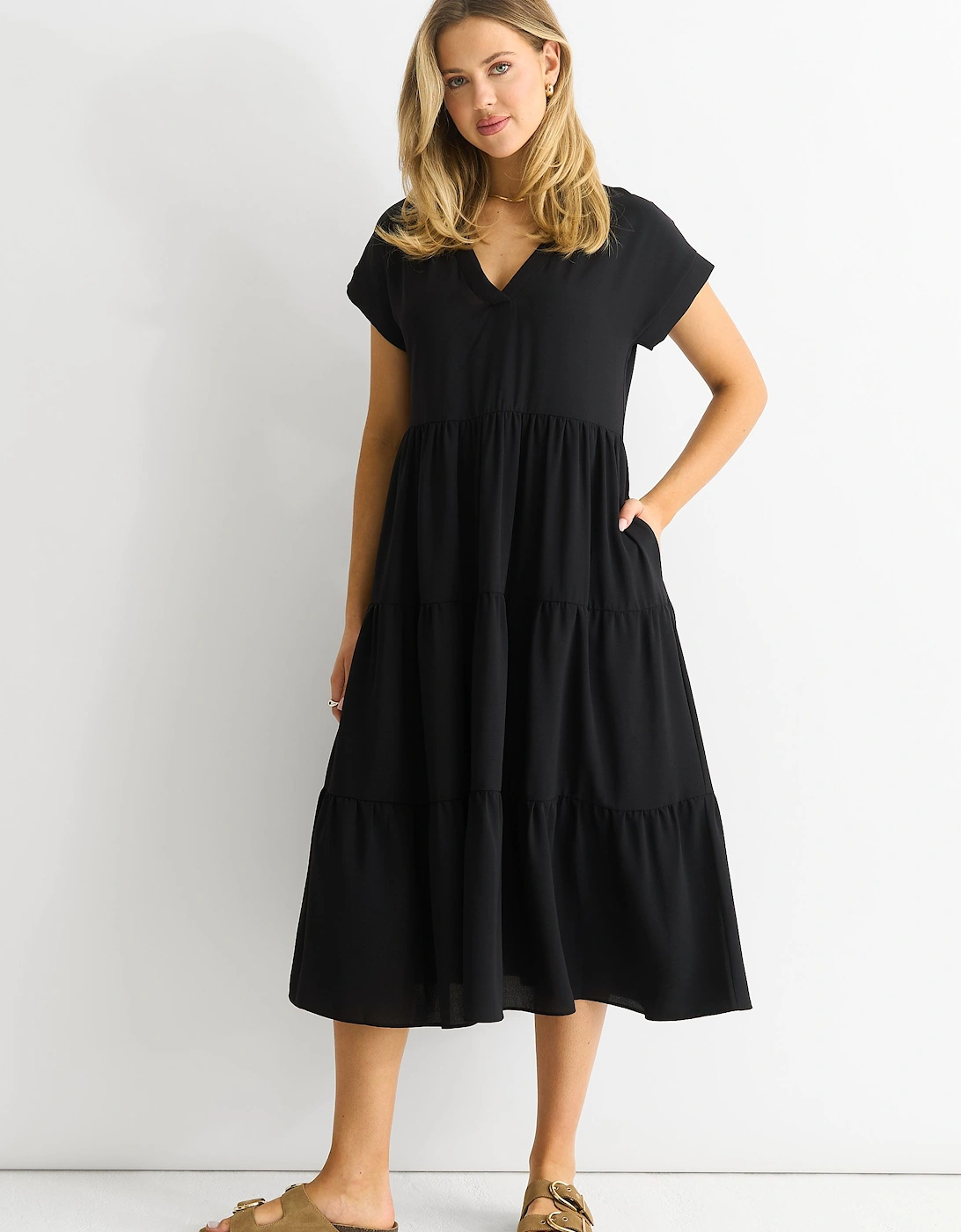 Black V Neck Pocket Smock Midi Dress, 2 of 1