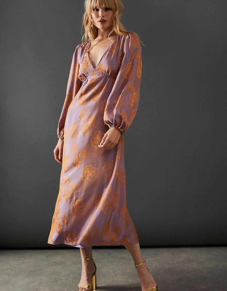 Satin Rose Jacquard Plunge Neck Midi Dress