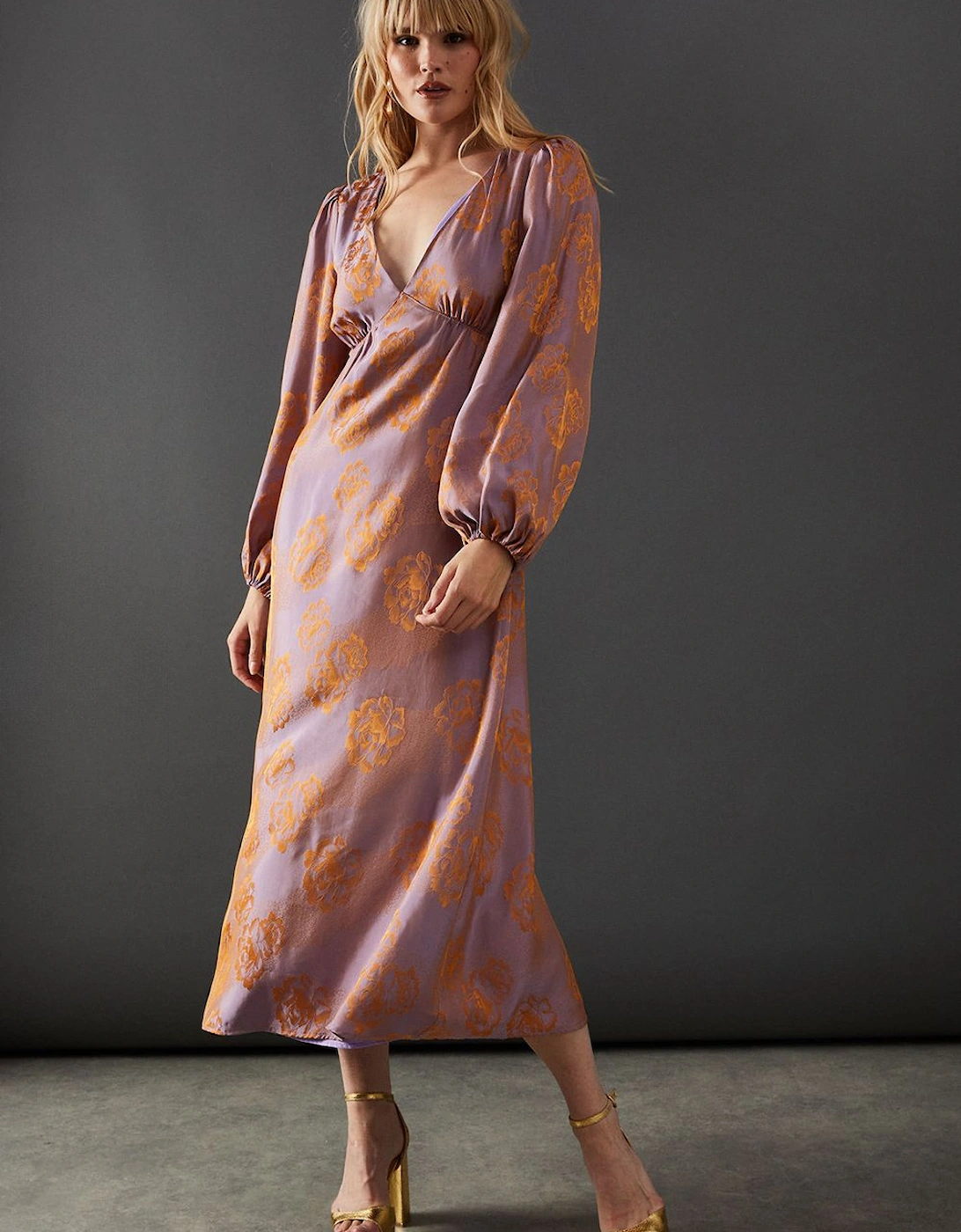 Satin Rose Jacquard Plunge Neck Midi Dress, 2 of 1