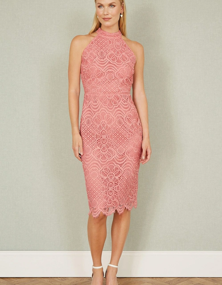 Pink Lace Halter Neck Dress