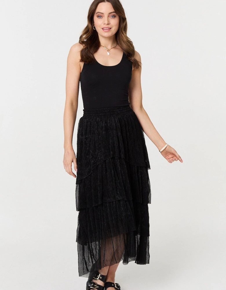 Metallic Textured Tiered Midi Skirt