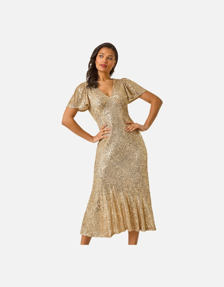 Sequin Frill Hem Midi Dress