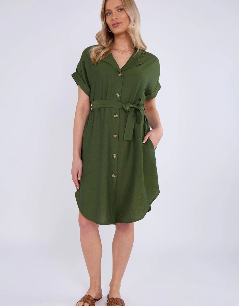 Khaki Utility Belted Oversized Viscose Shirt Dress