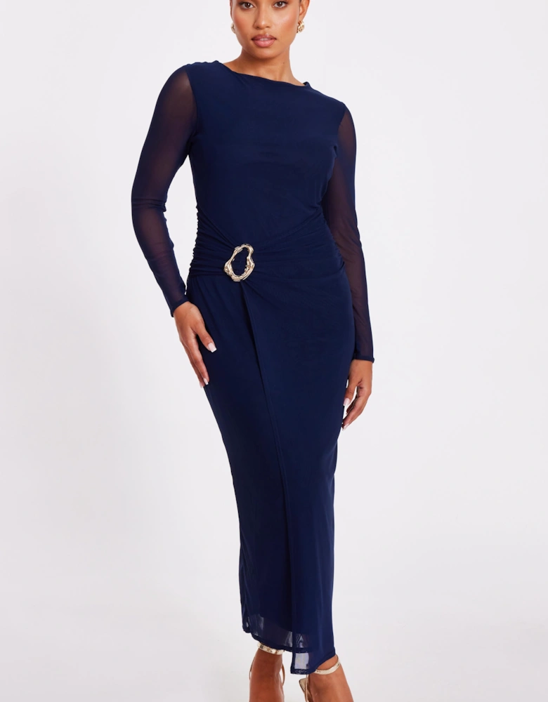 Navy Petite Mesh Buckle Midaxi Dress