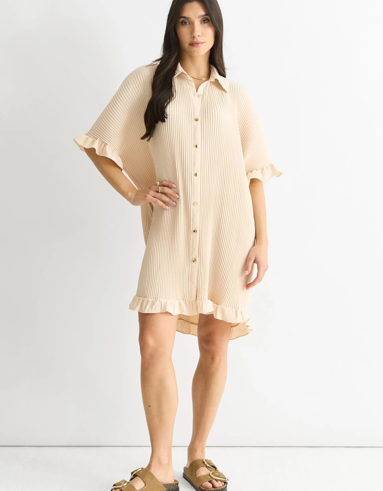 Beige Plisse Frill Detail oversized Shirt Dress