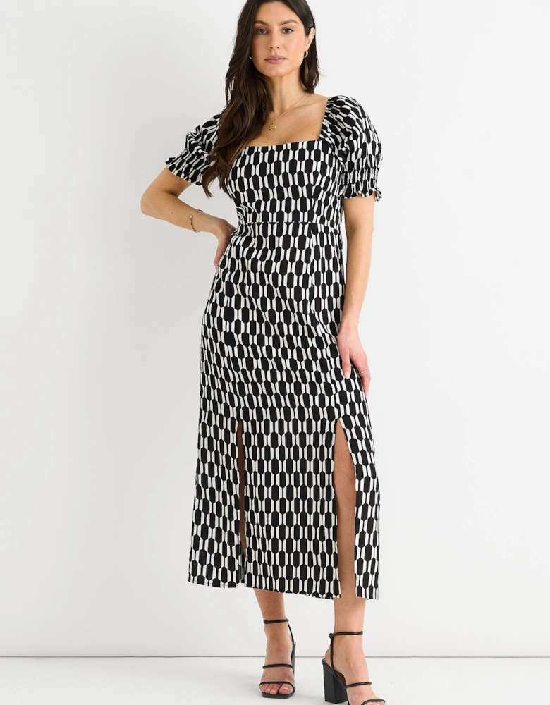 Black Geo Print Square Neck Midi Dress