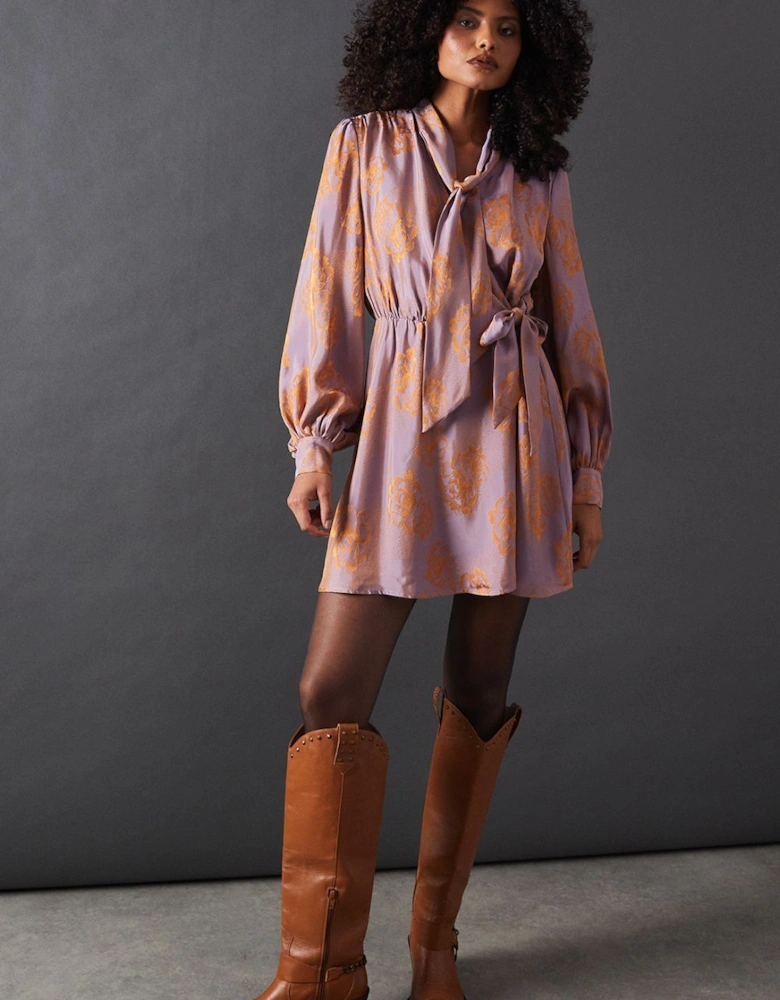 Satin Rose Jacquard Tie Neck Flippy Mini Dress