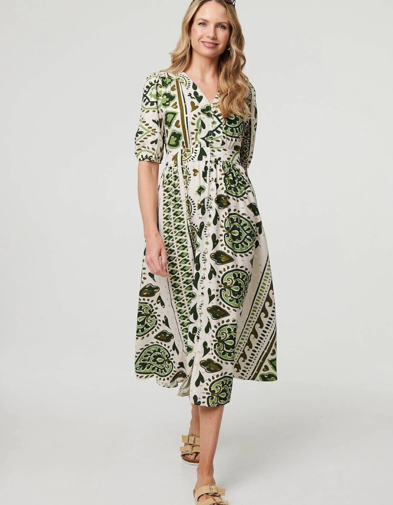 Printed 1/2 Sleeve A-Line Midi Dress