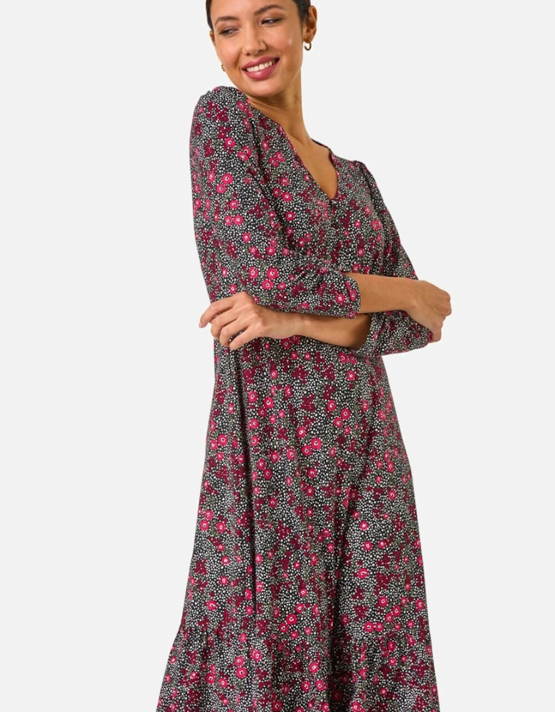 Disty Floral Print V-Neck Stretch Dress