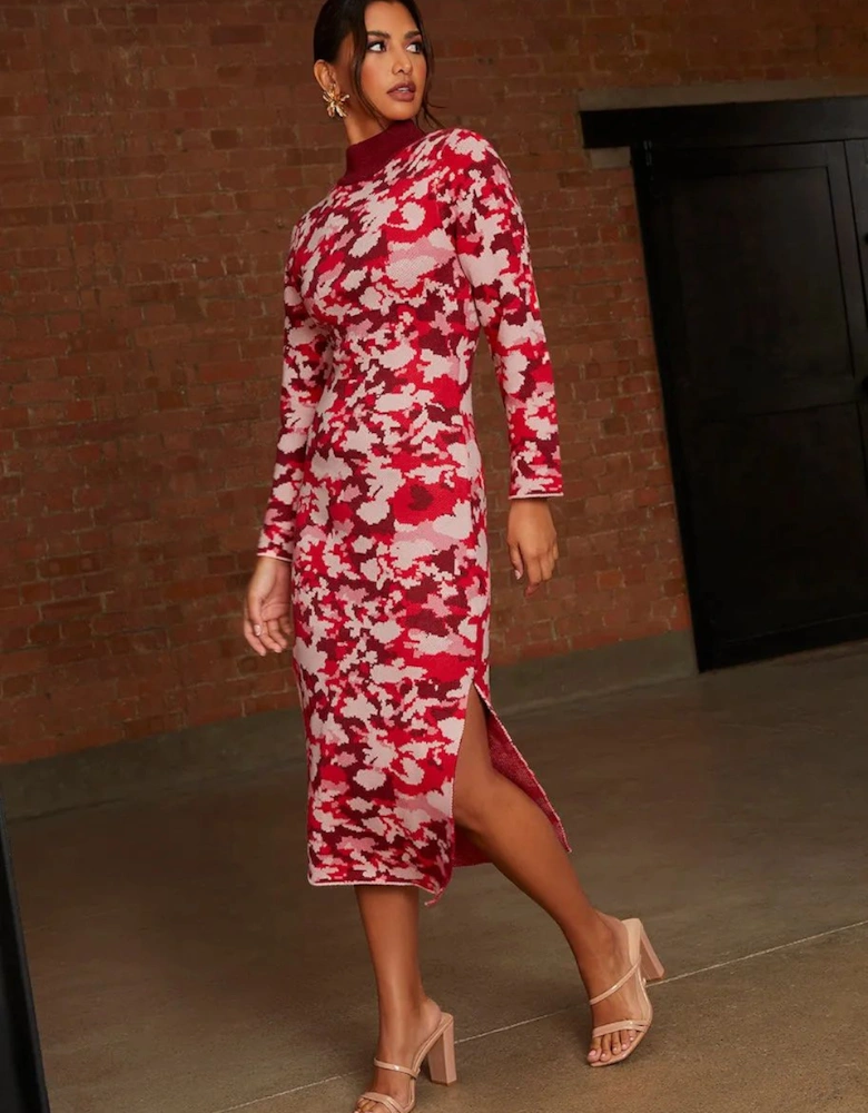 Abstract Floral Knitted Midi Dress in Pink