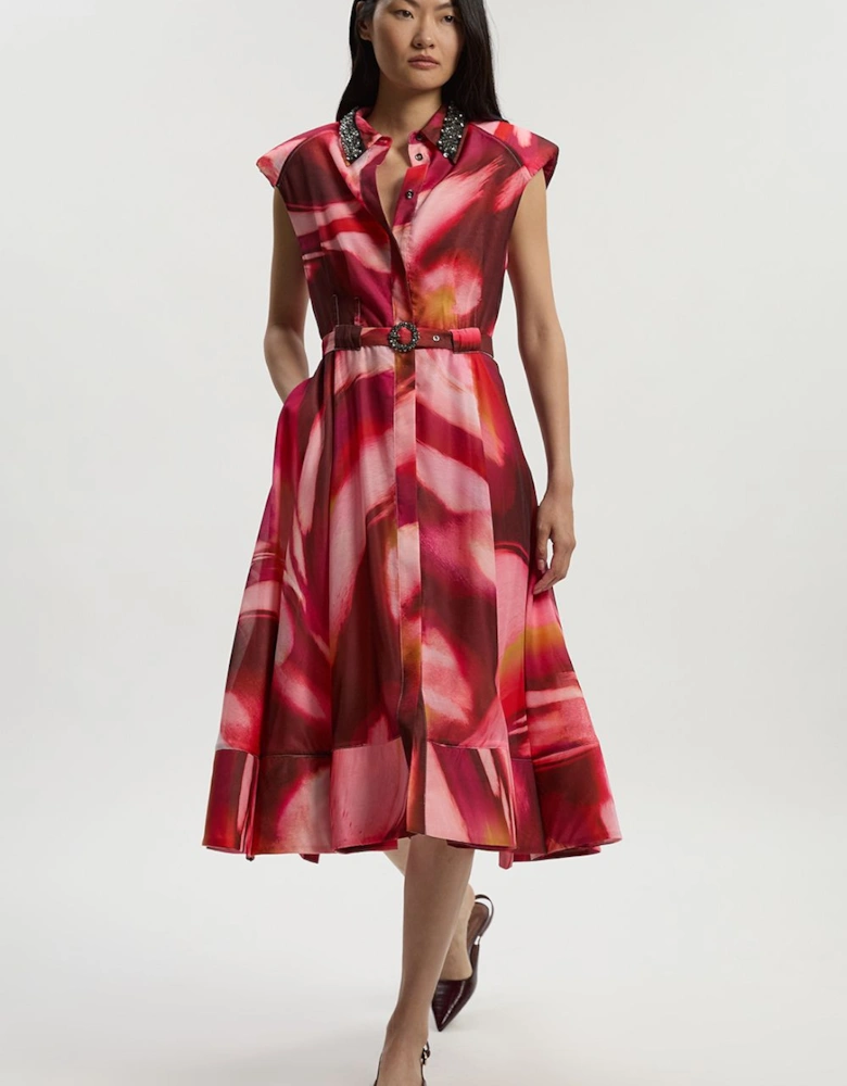 Marble Organdie Shirt Dress With Crystal Embellished Belt